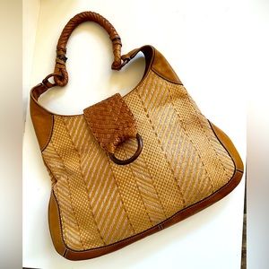 Cole Hahn leather and straw handbag.